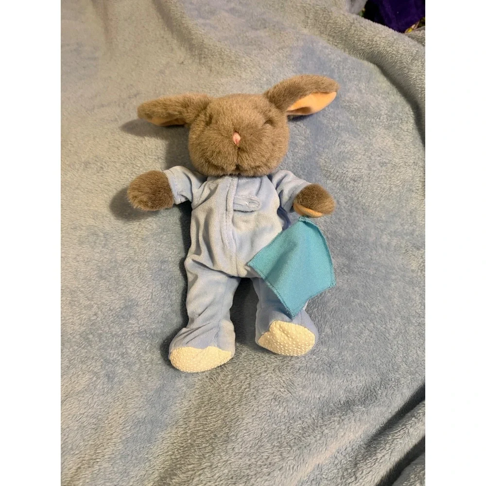 Vintage Sleepy Bunny Plush in Blue Footed Pajamas with Security Blanket Toy